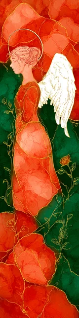 Free angel bookmark featuring red angel with green